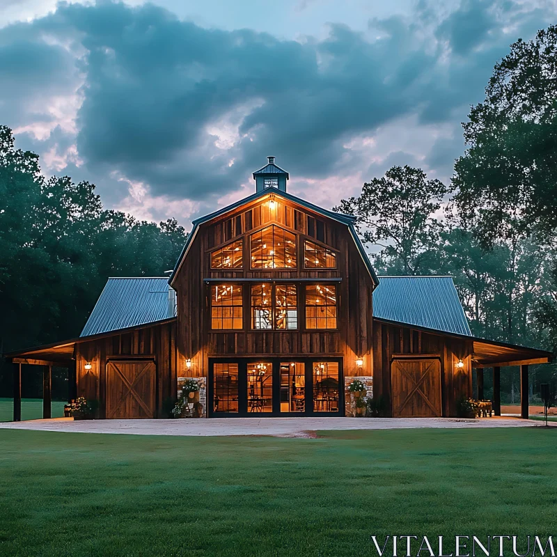 Twilight Barn with Warm Lights and Scenic Countryside AI Image