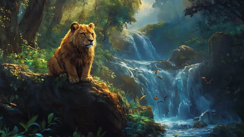 Regal Lion Overlooking Waterfall