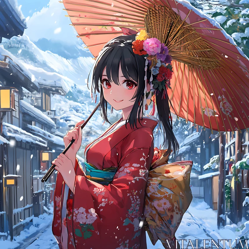 Traditional Japanese Anime Girl in Winter AI Image