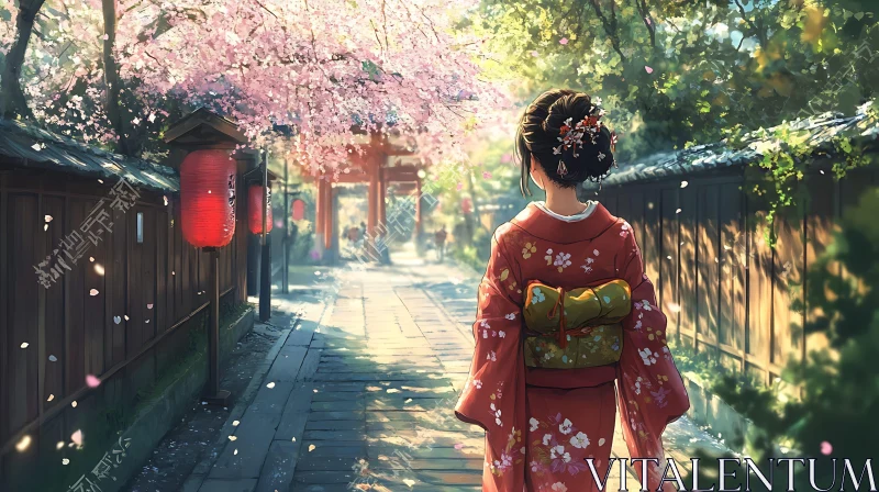 Serene Pathway with Cherry Blossoms and Lanterns AI Image