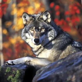 Grey Wolf Resting on Rocks