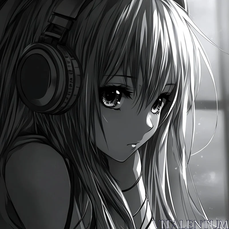 Melancholic Anime Girl in Black and White AI Image