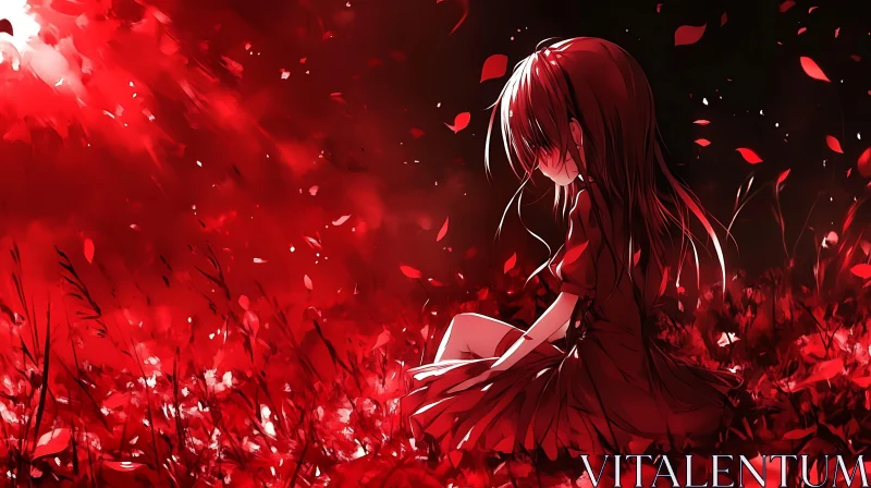 Melancholic Anime Girl in Red Field AI Image