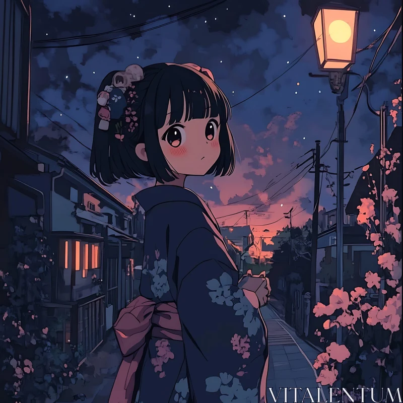 Anime Illustration of a Girl at Sunset in Japan AI Image