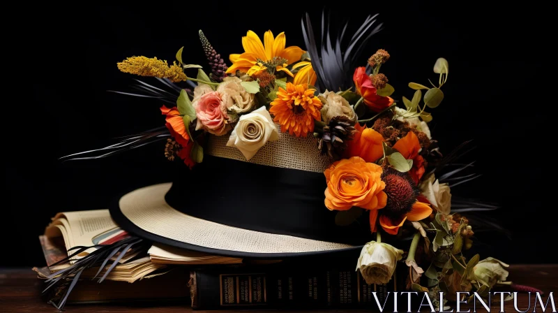 Captivating Hat with Flowers on Books - Vibrant Pop Art Photography AI Image