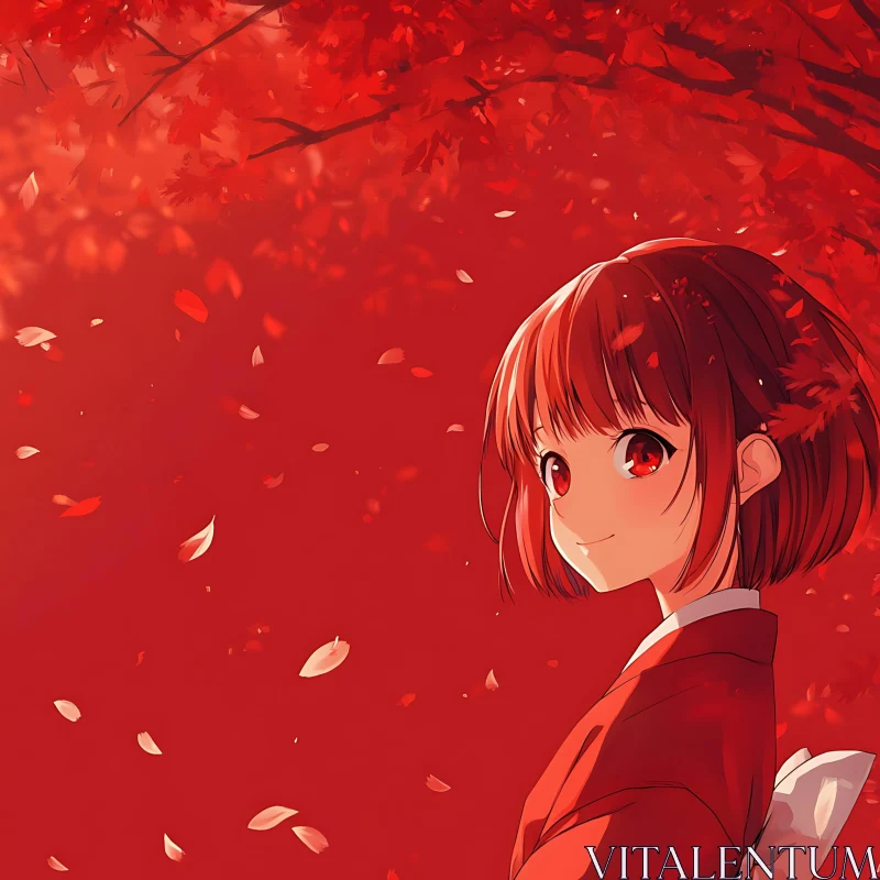 Anime Portrait with Red Leaves AI Image