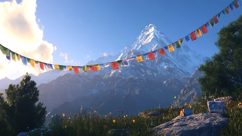 Mountain Landscape with Colorful Flags