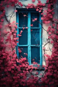 Rustic Window Framed by Red Vines