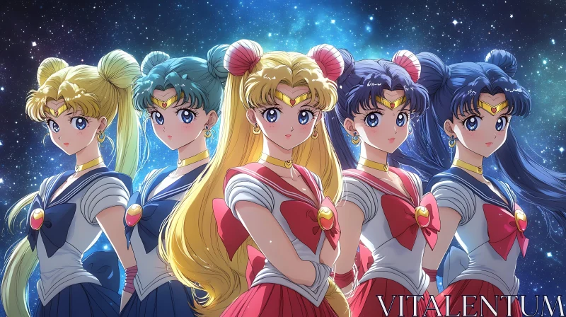 Sailor-themed Anime Heroines in Starry Universe AI Image