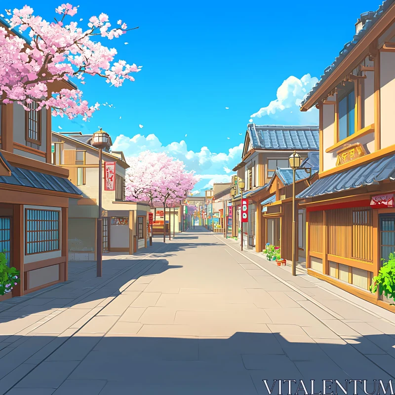 Tranquil Anime Town with Cherry Blossoms AI Image