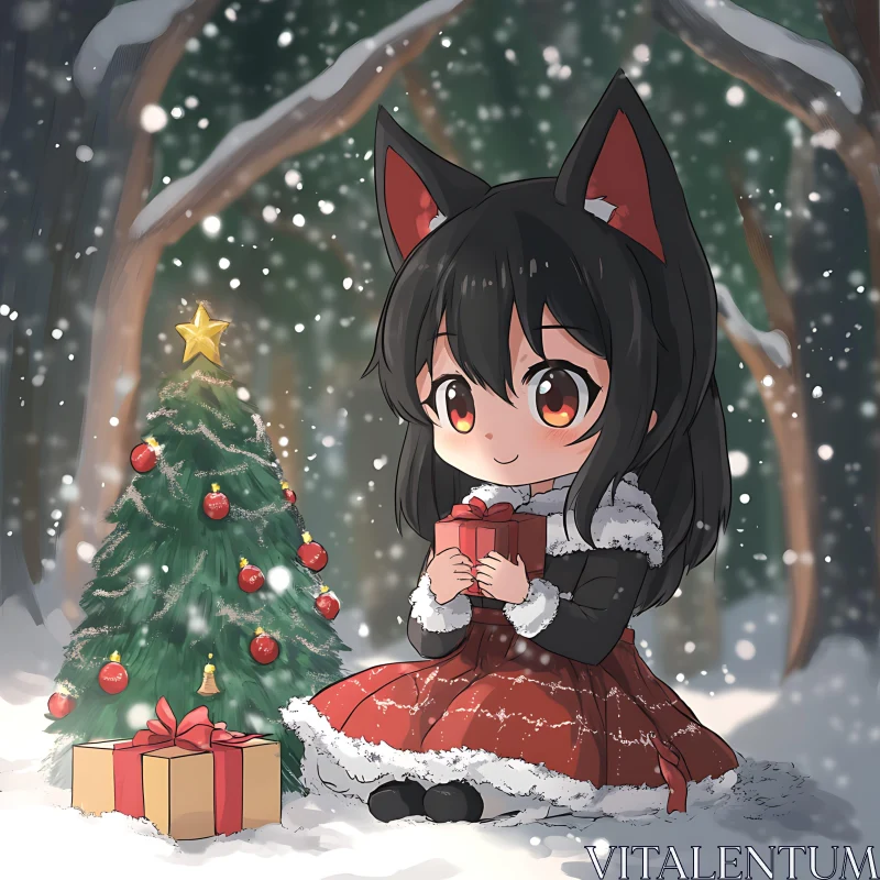 Adorable Anime Girl Celebrating Christmas in Snowy Setting AI Image