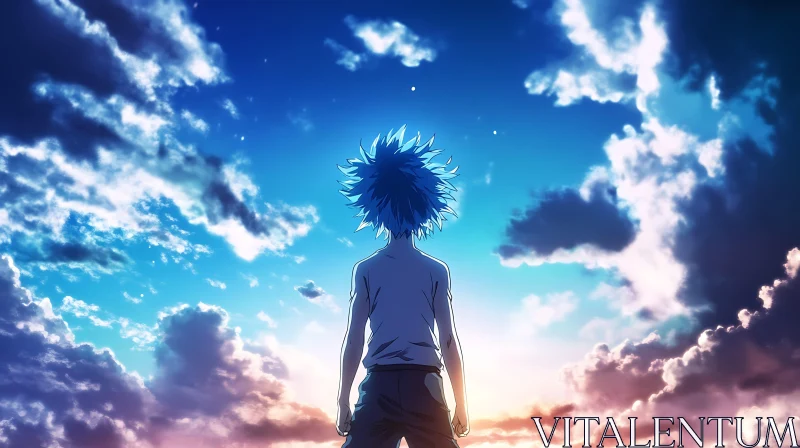 Anime Character Facing a Beautiful Sunset Sky AI Image