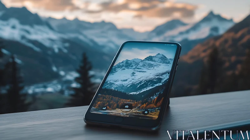 Phone Displaying Snowy Mountain Landscape AI Image