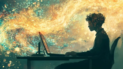 Man Coding with Abstract Background