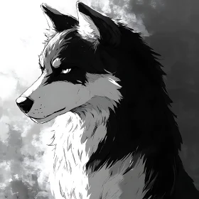 Monochrome Wolf Illustration with Intense Gaze