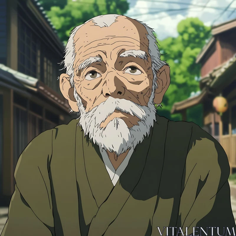 AI ART Anime Illustration of an Elderly Man in a Village