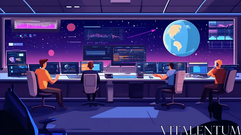 People working in a futuristic control room AI Image