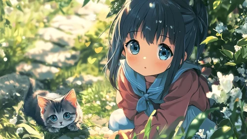 Cute Anime Scene with Girl and Kitten