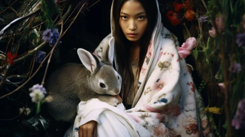 Woman and Rabbit in Floral Embrace