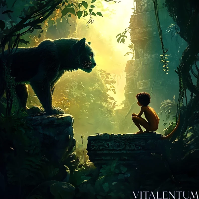 Wilderness Meeting: Boy and Cat AI Image