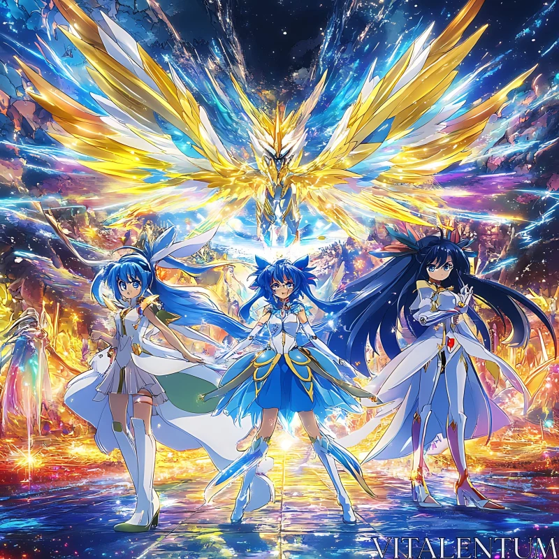 Fantastical Anime Characters and Glowing Wings AI Image