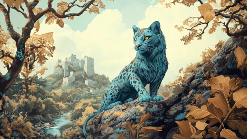 Fantasy Landscape with Blue Feline