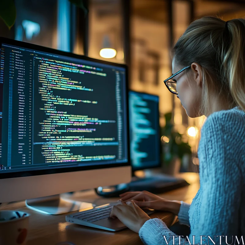 Woman Coding Late At Night With Glasses AI Image