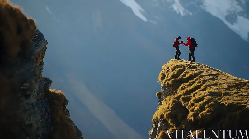 Hikers Connecting on Mountain Summit AI Image