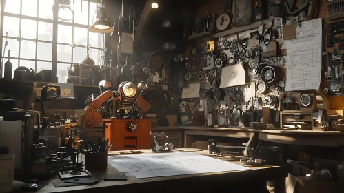 Inventor's Steampunk-Inspired Workshop Scene