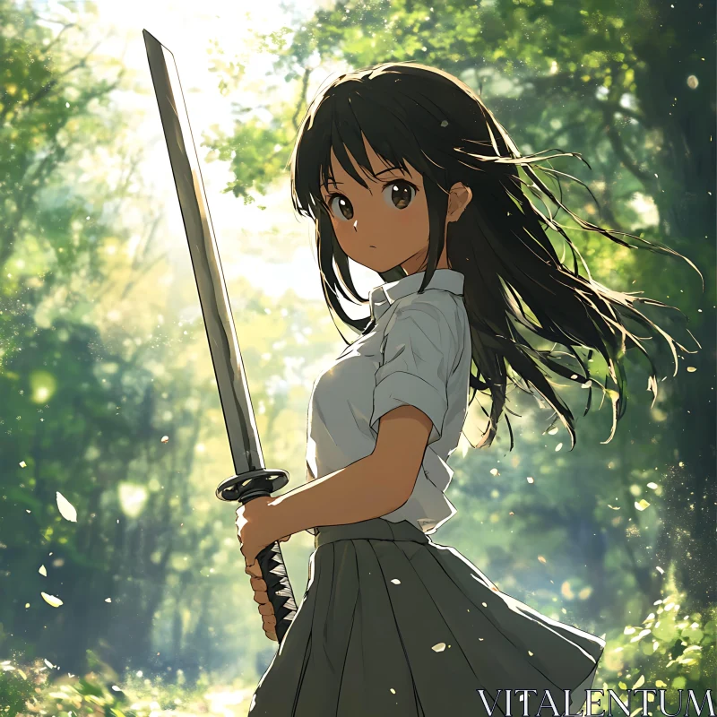 Sword-Wielding Anime Girl in Forest AI Image