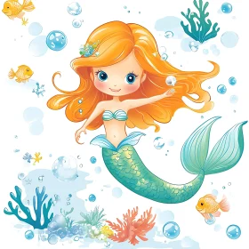 Whimsical Mermaid in a Bubbling Sea Cartoon