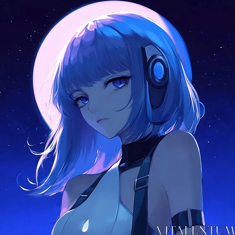 Cyberpunk Female Anime Character with Moon Background AI Image