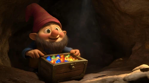 Cartoon Gnome with Treasure Chest