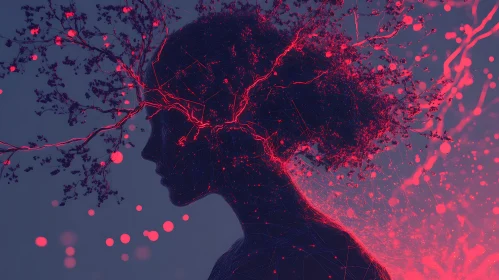 Interconnected Mind: A Silhouette with Red Branches