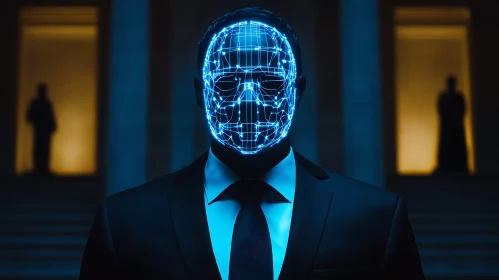 Cyborg in Suit with Digital Face