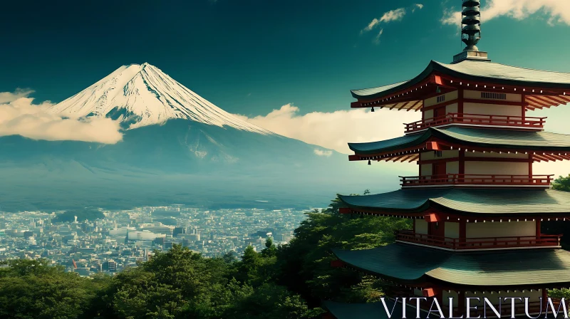 Japanese Pagoda with Mountain View AI Image