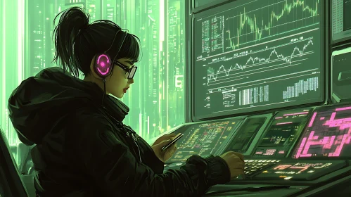 Woman Analyzing Data in Cyberpunk Setting