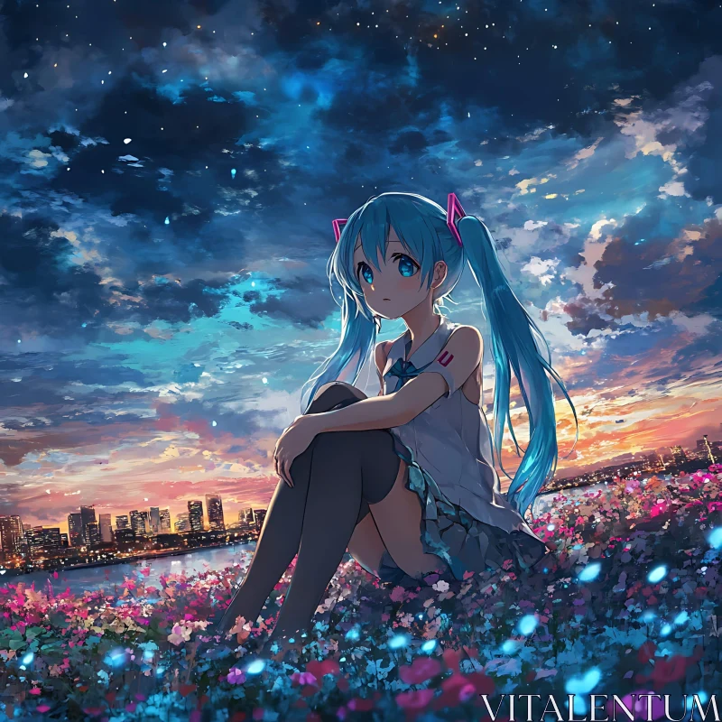 AI ART Blue-Haired Anime Girl in Vibrant Flower Field