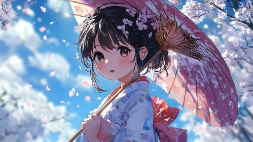 Anime Girl with Parasol and Cherry Blossoms