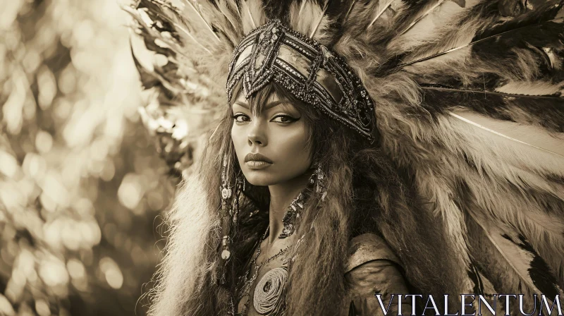 Tribal Elegance: Woman with Feather Headdress in Sepia AI Image