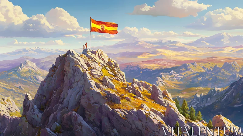 AI ART Mountain Peak with Flag Illustration