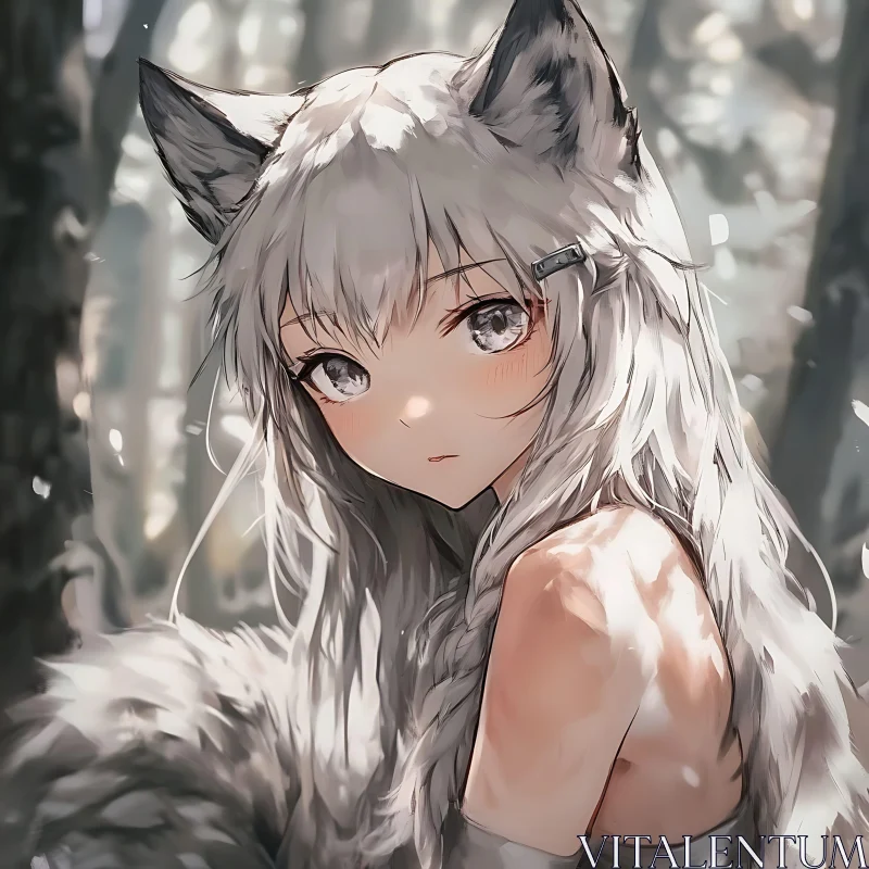 AI ART Anime Girl with Silver Hair and Fox Ears in Serenity