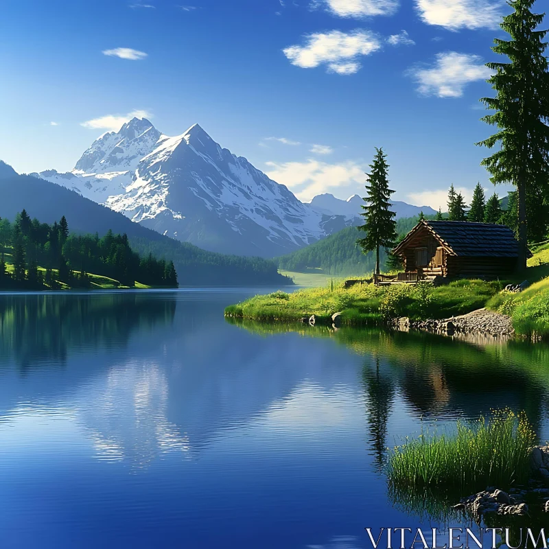 Tranquil Lake Cabin Mountain View AI Image