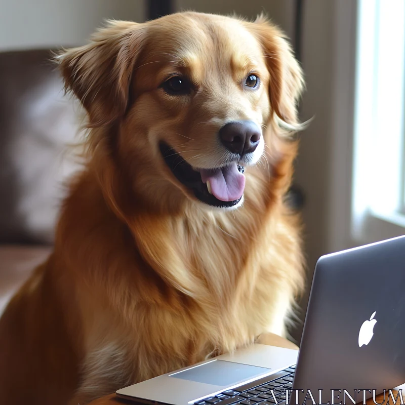 Dog with Laptop in Indoor Setting AI Image