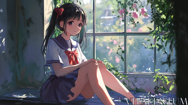 Thoughtful Anime Girl in Nature-Themed Setting AI Image