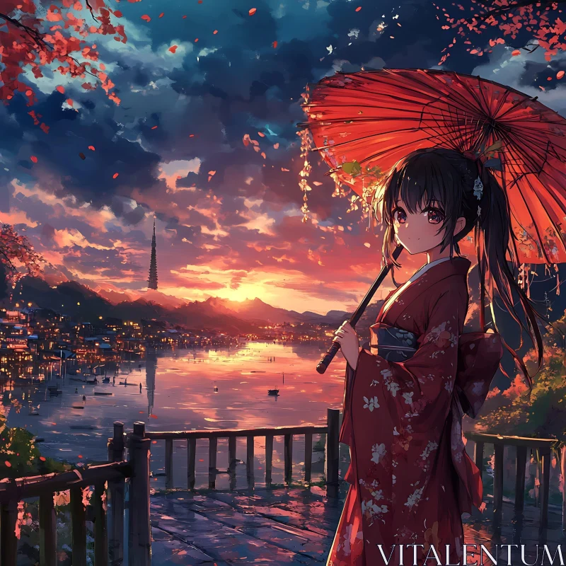 Serene Sunset with Anime Girl in Kimono AI Image