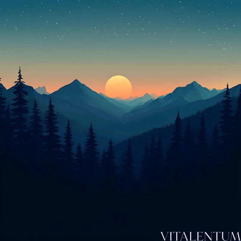 AI ART Tranquil Mountain Scene with Setting Sun