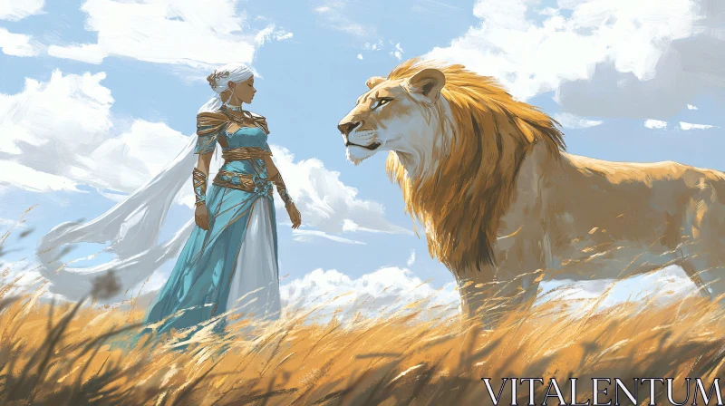 AI ART Fantasy Art: Lion and Elegant Lady