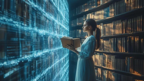 Woman Reading in a Virtual Reality Library