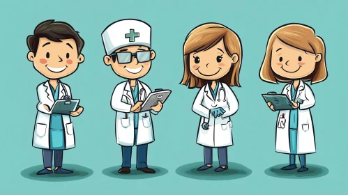 Smiling Cartoon Doctors in White Coats